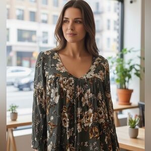 Altar’d State Gray Floral 3/4 SleeveLoose Flowy Babydoll Crop Blouse M